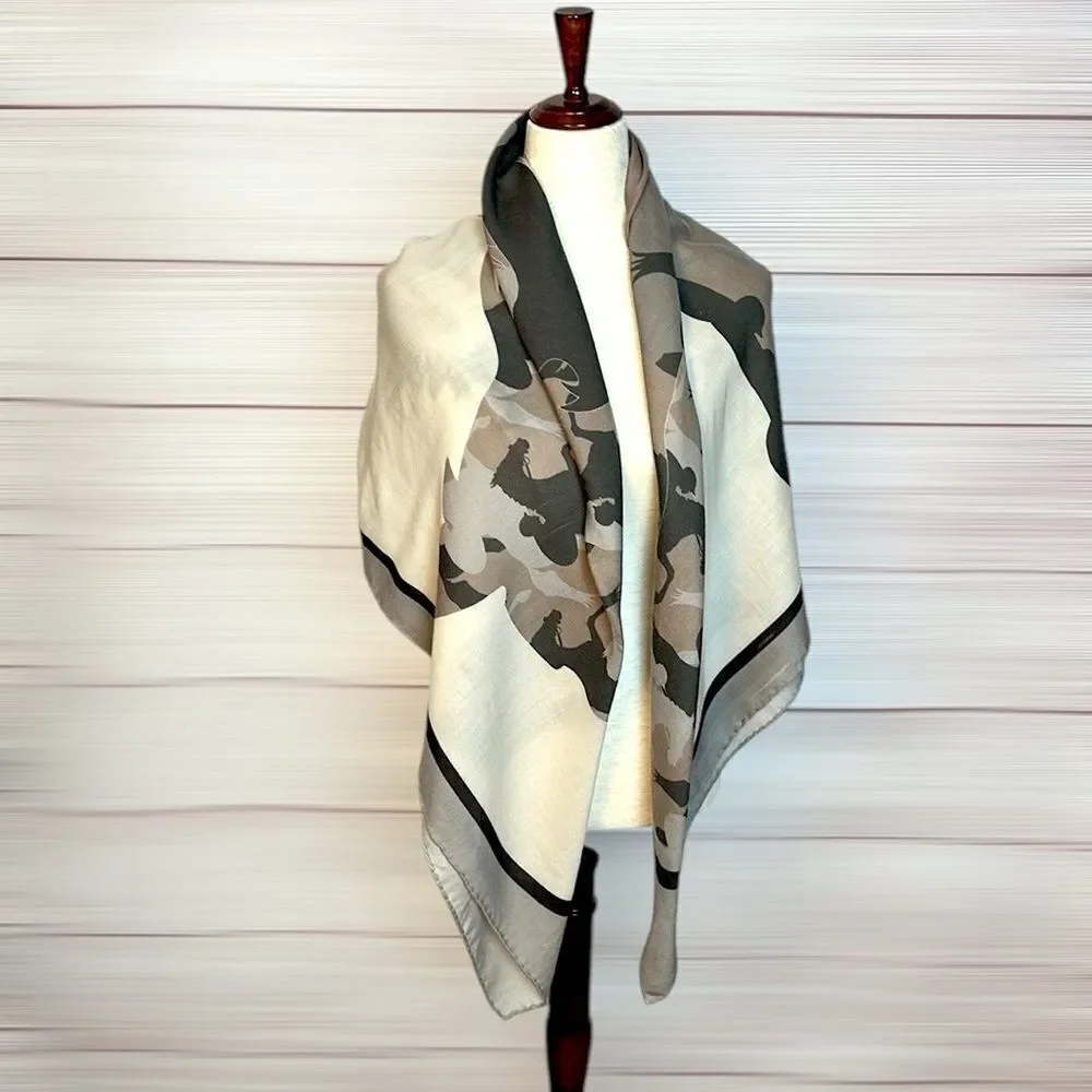 RANI ARABELLA Horse Racing Scarf Shawl Beige Taupe Cashmere Silk Wool ITALY 51”